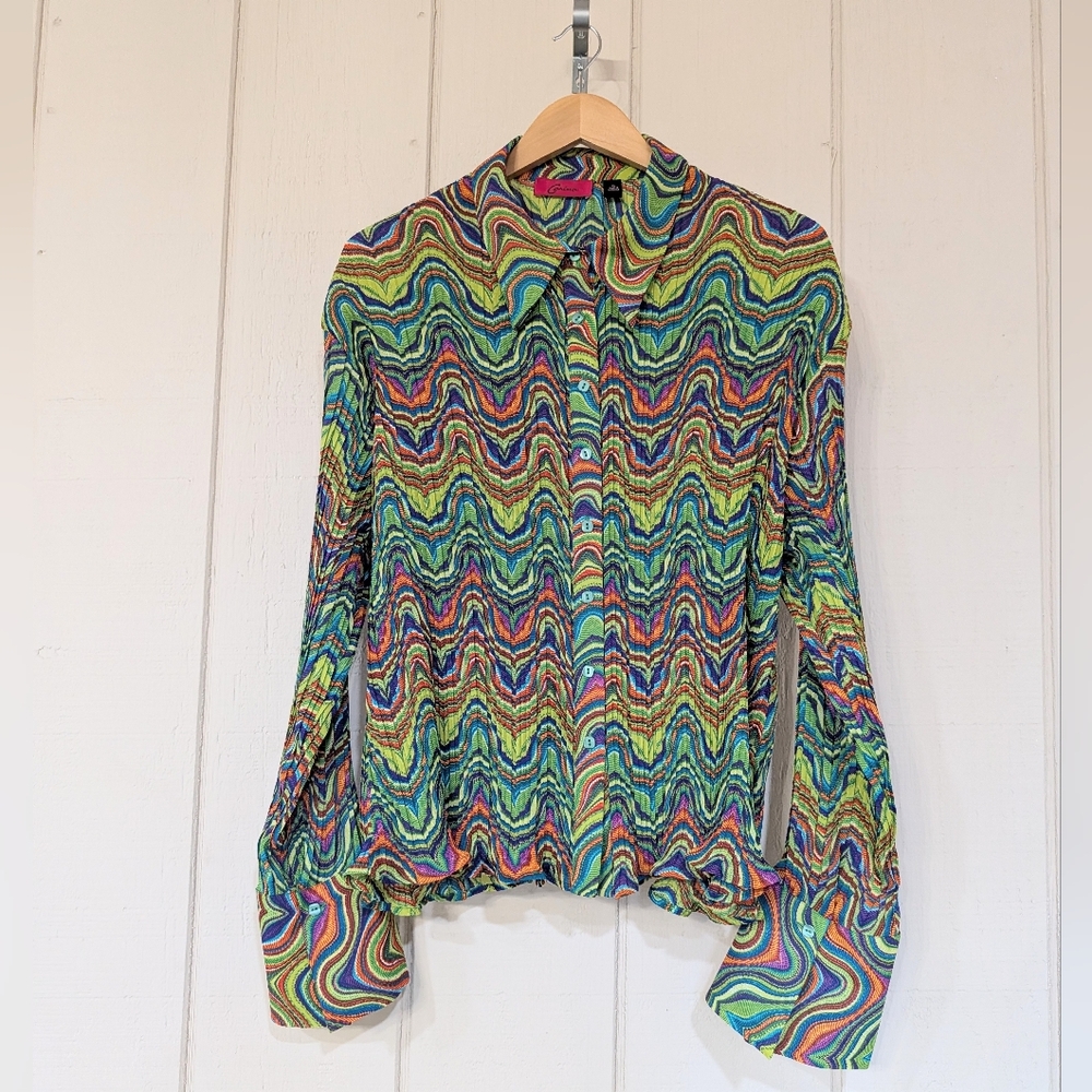 Vintage Y2k Psychedelic Rainbow Plisse Crinkle Button Up Top Maximalist